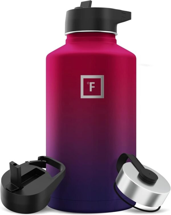 IRON °FLASK Camping & Hiking Hydration Flask with 3 Lids - Stainless Steel, Double Walled & Vacuum Insulated Water Bottle - Leak Proof & BPA Free (Midnight Black, Straw - 40 oz)