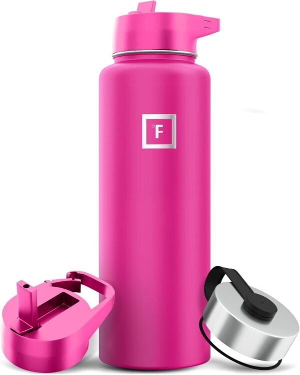 IRON °FLASK Camping & Hiking Hydration Flask with 3 Lids - Stainless Steel, Double Walled & Vacuum Insulated Water Bottle - Leak Proof & BPA Free (Midnight Black, Straw - 40 oz)