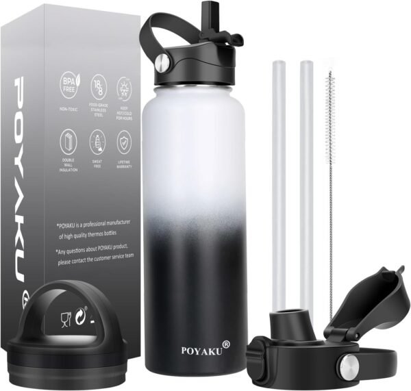 Water Bottle Insulated 32oz 40oz 64oz 128oz Straw Lid Spout Lid & 3 Lids, Leak Proof, Vacuum Insulated,Stainless Steel Water Bottle Wide Mouth for Sports, Gym or Office