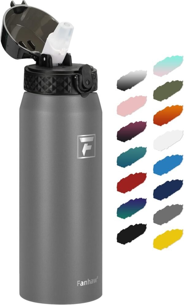 Fanhaw 20 Oz Stainless Steel Insulated Sports Water Bottles with Straw for Kids, Men and Women (Black)