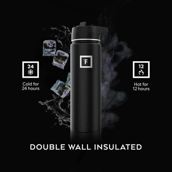 IRON °FLASK Camping & Hiking Hydration Flask with 3 Lids - Stainless Steel, Double Walled & Vacuum Insulated Water Bottle - Leak Proof & BPA Free (Midnight Black, Straw - 40 oz)