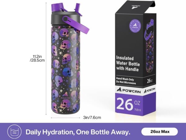 POWCAN 26 oz Insulated Water Bottle with 2-in-1 Straw and Spout Lid, Keep Cold 24H, Leak-Proof, Fits in Car Cup Holder, Stainless Steel Water Bottle for Sports, Travel, and School (Cotton Candy)