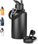 Fijinhom 24 oz Insulated Water Bottle with Handle, 304 Stainless Steel Water Bottles with Wide Mouth, Double Wall Vacuum Sports Water Bottle, BPA Free, Keep Cold and Hot, Black