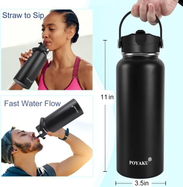 Water Bottle Insulated 32oz 40oz 64oz 128oz Straw Lid Spout Lid & 3 Lids, Leak Proof, Vacuum Insulated,Stainless Steel Water Bottle Wide Mouth for Sports, Gym or Office