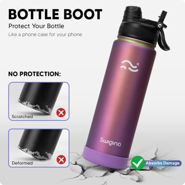 Swigina [2-IN-1 LID] Insulated Water Bottle with Silicone Boot (36hrs Cold/18hrs Hot) - DIY Stickers, Leakproof, BPA Free, 24 oz
