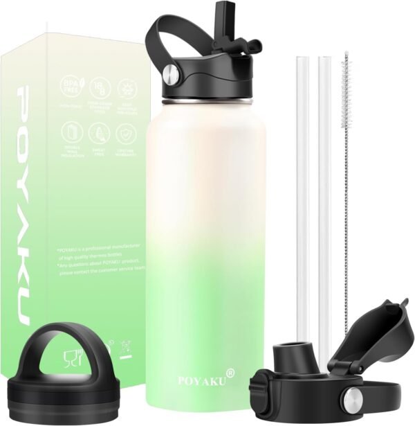 Water Bottle Insulated 32oz 40oz 64oz 128oz Straw Lid Spout Lid & 3 Lids, Leak Proof, Vacuum Insulated,Stainless Steel Water Bottle Wide Mouth for Sports, Gym or Office