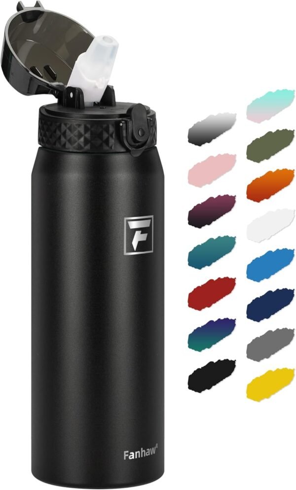 Fanhaw 20 Oz Stainless Steel Insulated Sports Water Bottles with Straw for Kids, Men and Women (Black)