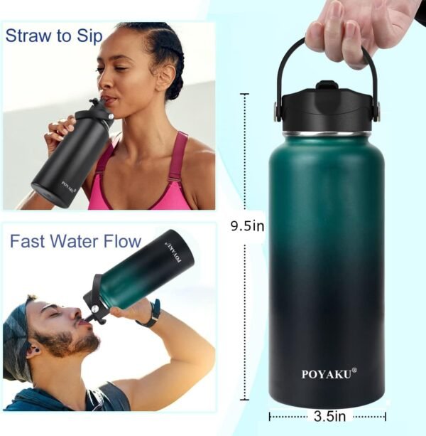 Water Bottle Insulated 32oz 40oz 64oz 128oz Straw Lid Spout Lid & 3 Lids, Leak Proof, Vacuum Insulated,Stainless Steel Water Bottle Wide Mouth for Sports, Gym or Office