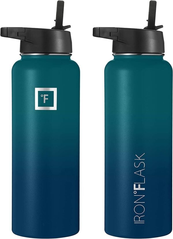 IRON °FLASK Camping & Hiking Hydration Flask with 3 Lids - Stainless Steel, Double Walled & Vacuum Insulated Water Bottle - Leak Proof & BPA Free (Midnight Black, Straw - 40 oz)