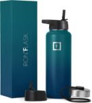 IRON °FLASK Camping & Hiking Hydration Flask with 3 Lids - Stainless Steel, Double Walled & Vacuum Insulated Water Bottle - Leak Proof & BPA Free (Midnight Black, Straw - 40 oz)