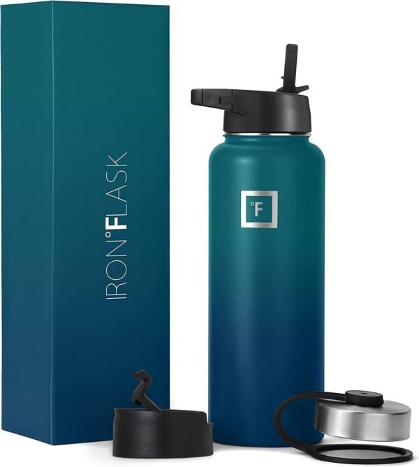 IRON °FLASK Camping & Hiking Hydration Flask with 3 Lids - Stainless Steel, Double Walled & Vacuum Insulated Water Bottle - Leak Proof & BPA Free (Midnight Black, Straw - 40 oz)