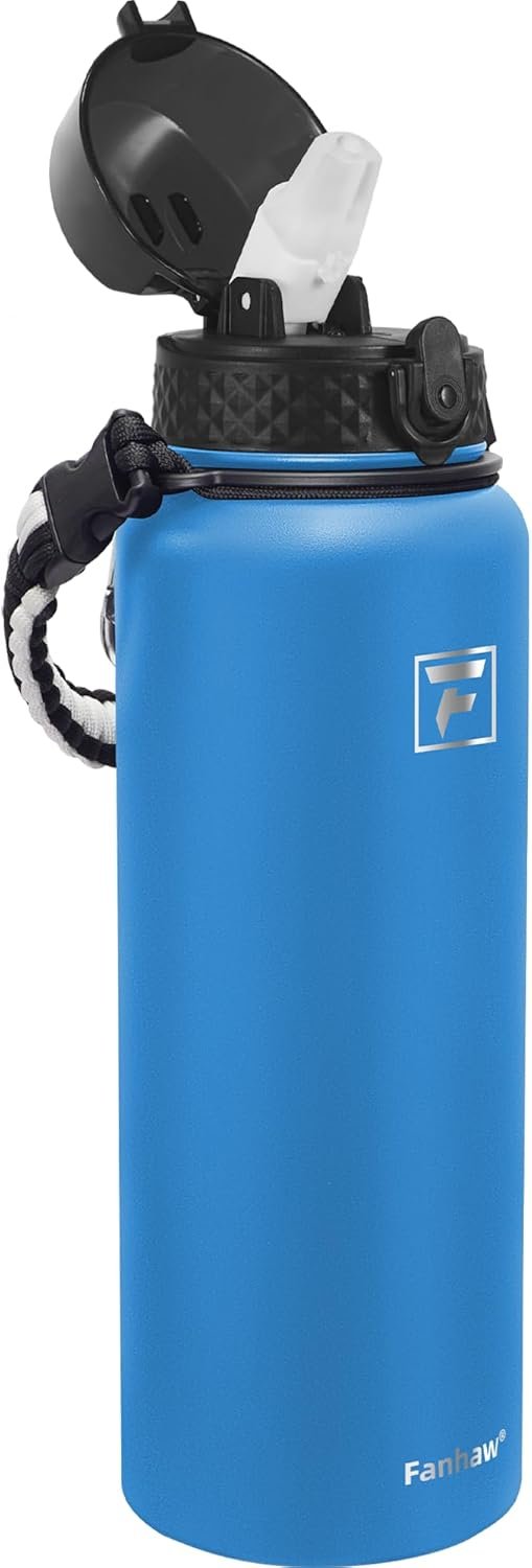 Fanhaw 20 Oz Stainless Steel Insulated Sports Water Bottles with Straw for Kids, Men and Women (Black)