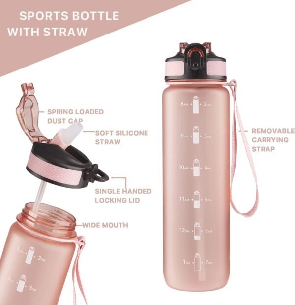 EYQ 32 oz Water Bottle with Time Marker, Carry Strap, Leak-Proof Tritan BPA-Free, Ensure You Drink Enough Water for Fitness, Gym, Camping, Outdoor Sports