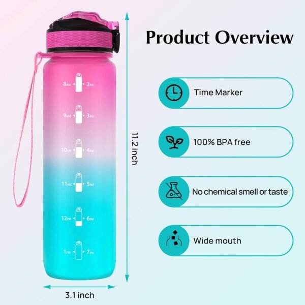 EYQ 32 oz Water Bottle with Time Marker, Carry Strap, Leak-Proof Tritan BPA-Free, Ensure You Drink Enough Water for Fitness, Gym, Camping, Outdoor Sports