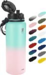 Fanhaw 20 Oz Insulated Stainless Steel Vacuum Water Bottle with Anti-Dust Pop-Open Lid - For Kids, Women, Men | Leak & Sweat Proof (Green Blue)