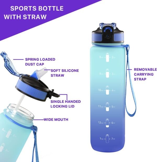 EYQ 32 oz Water Bottle with Time Marker, Carry Strap, Leak-Proof Tritan BPA-Free, Ensure You Drink Enough Water for Fitness, Gym, Camping, Outdoor Sports