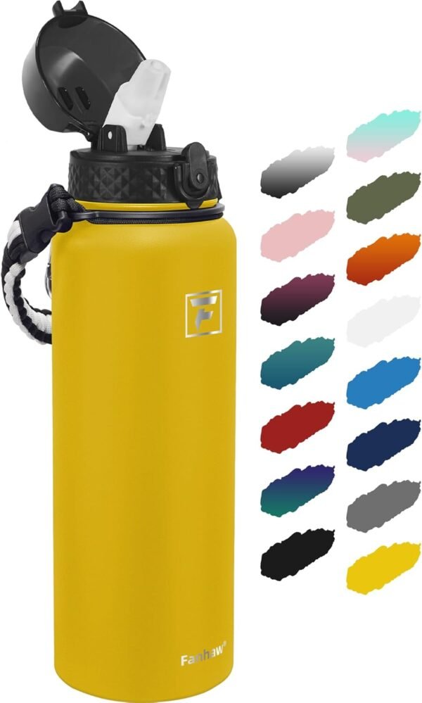 Fanhaw 20 Oz Stainless Steel Insulated Sports Water Bottles with Straw for Kids, Men and Women (Black)