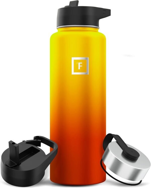 IRON °FLASK Camping & Hiking Hydration Flask with 3 Lids - Stainless Steel, Double Walled & Vacuum Insulated Water Bottle - Leak Proof & BPA Free (Midnight Black, Straw - 40 oz)