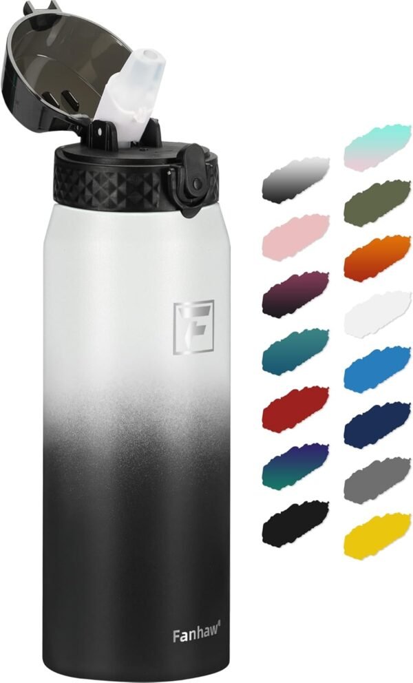 Fanhaw 20 Oz Stainless Steel Insulated Sports Water Bottles with Straw for Kids, Men and Women (Black)