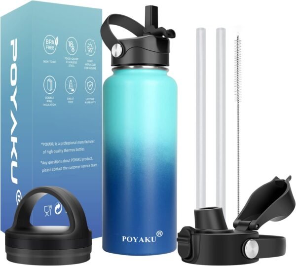 Water Bottle Insulated 32oz 40oz 64oz 128oz Straw Lid Spout Lid & 3 Lids, Leak Proof, Vacuum Insulated,Stainless Steel Water Bottle Wide Mouth for Sports, Gym or Office