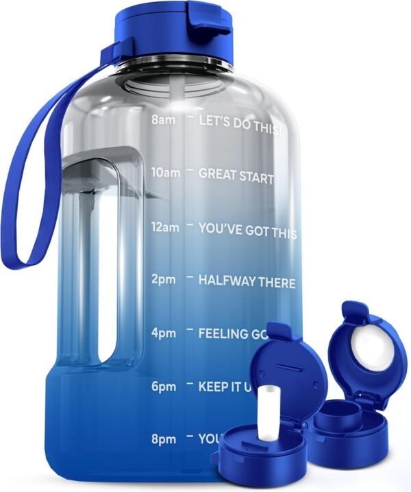 AQUAFIT 64 oz Water Bottle with Time Marker - Straw & Chug Lid - BPA Free Half Gallon Gym Water Bottle with Handle - Big Gallon Jug (Gray, 64 Ounces)