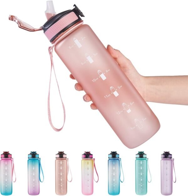 EYQ 32 oz Water Bottle with Time Marker, Carry Strap, Leak-Proof Tritan BPA-Free, Ensure You Drink Enough Water for Fitness, Gym, Camping, Outdoor Sports