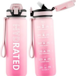QLUR Water Bottle with Straw, 32oz Motivational Water Bottles with Time Marker to Drink, Tritan BPA Free, 1L Sports Water Bottle with Carry Strap LeakProof for Women Gym Fitness Outdoor (1 Pack)