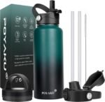 Water Bottle Insulated 32oz 40oz 64oz 128oz Straw Lid Spout Lid & 3 Lids, Leak Proof, Vacuum Insulated,Stainless Steel Water Bottle Wide Mouth for Sports, Gym or Office