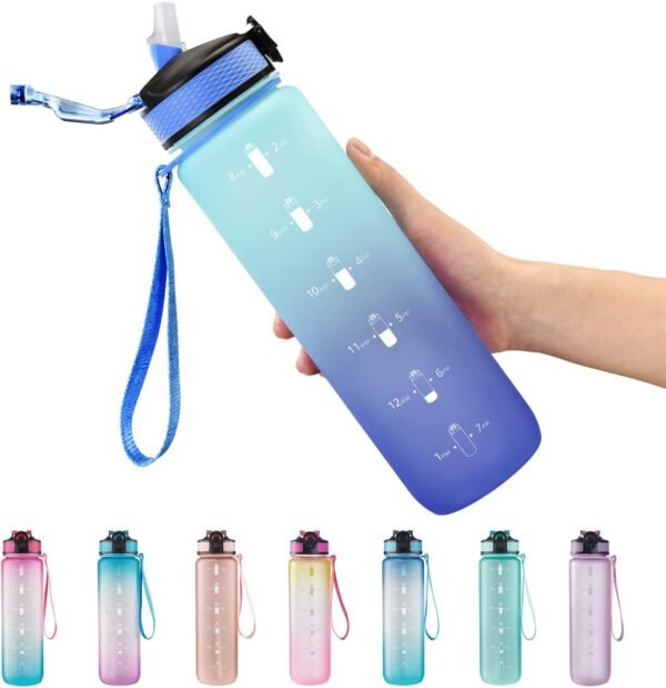 EYQ 32 oz Water Bottle with Time Marker, Carry Strap, Leak-Proof Tritan BPA-Free, Ensure You Drink Enough Water for Fitness, Gym, Camping, Outdoor Sports