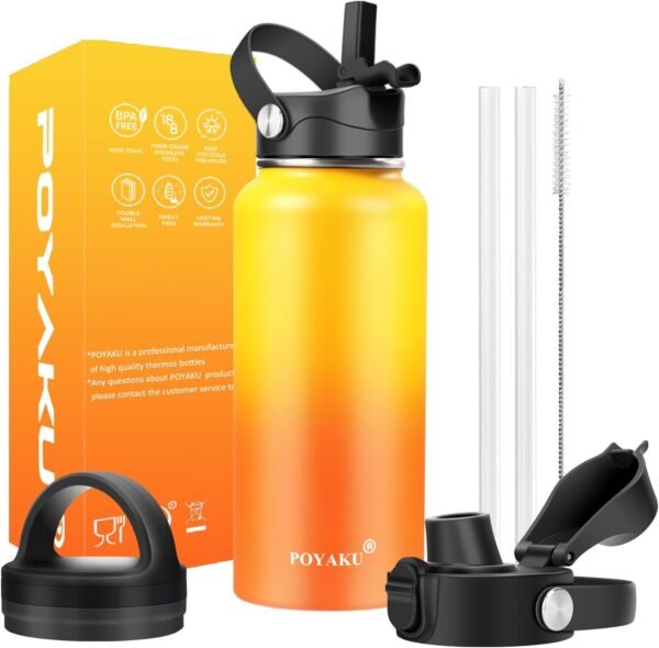 Water Bottle Insulated 32oz 40oz 64oz 128oz Straw Lid Spout Lid & 3 Lids, Leak Proof, Vacuum Insulated,Stainless Steel Water Bottle Wide Mouth for Sports, Gym or Office