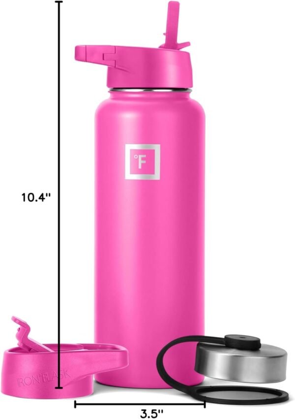 IRON °FLASK Camping & Hiking Hydration Flask with 3 Lids - Stainless Steel, Double Walled & Vacuum Insulated Water Bottle - Leak Proof & BPA Free (Midnight Black, Straw - 40 oz)