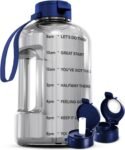 AQUAFIT 64 oz Water Bottle with Time Marker - Straw & Chug Lid - BPA Free Half Gallon Gym Water Bottle with Handle - Big Gallon Jug (Gray, 64 Ounces)