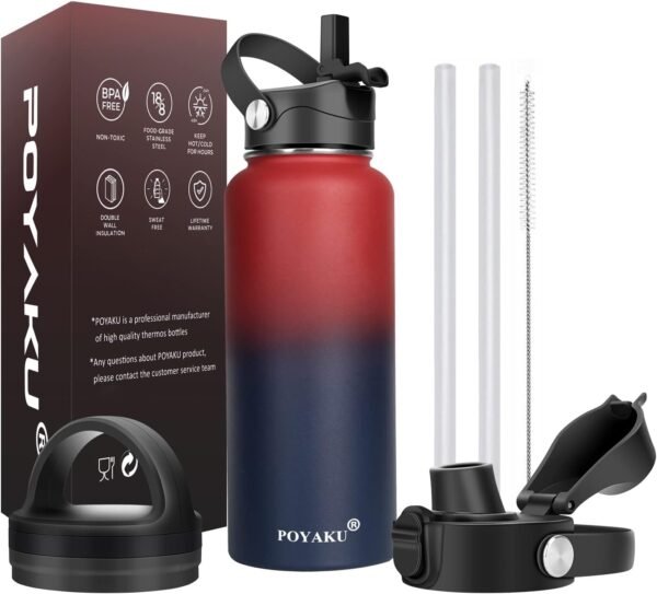 Water Bottle Insulated 32oz 40oz 64oz 128oz Straw Lid Spout Lid & 3 Lids, Leak Proof, Vacuum Insulated,Stainless Steel Water Bottle Wide Mouth for Sports, Gym or Office