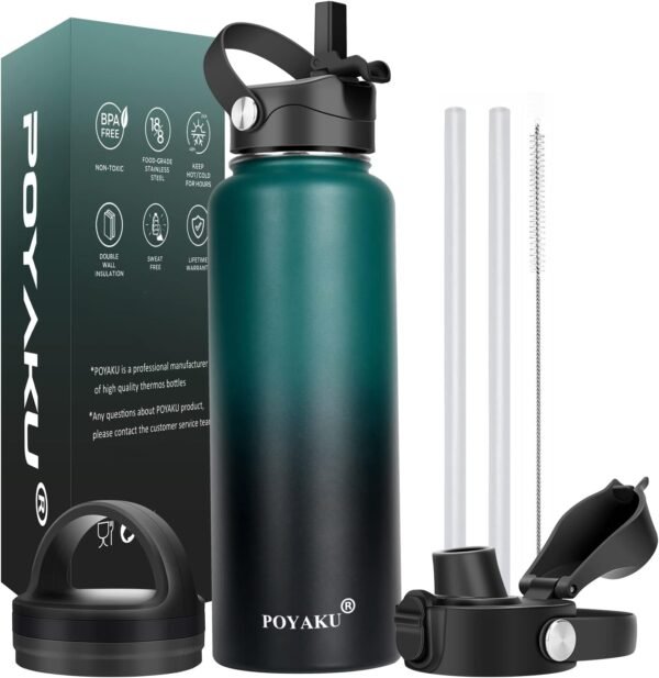 Water Bottle Insulated 32oz 40oz 64oz 128oz Straw Lid Spout Lid & 3 Lids, Leak Proof, Vacuum Insulated,Stainless Steel Water Bottle Wide Mouth for Sports, Gym or Office