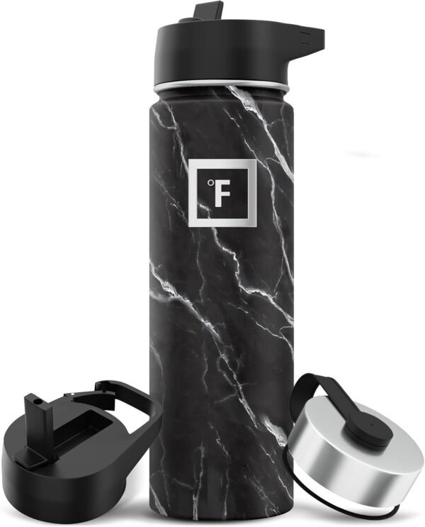 IRON °FLASK Camping & Hiking Hydration Flask with 3 Lids - Stainless Steel, Double Walled & Vacuum Insulated Water Bottle - Leak Proof & BPA Free (Midnight Black, Straw - 40 oz)