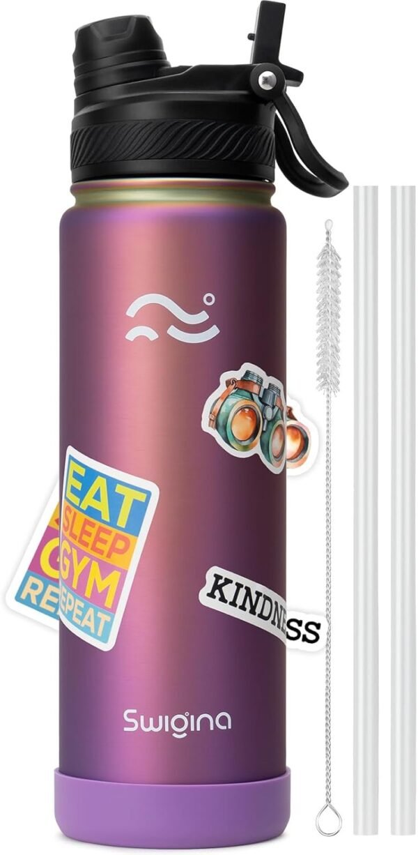 Swigina [2-IN-1 LID] Insulated Water Bottle with Silicone Boot (36hrs Cold/18hrs Hot) - DIY Stickers, Leakproof, BPA Free, 24 oz