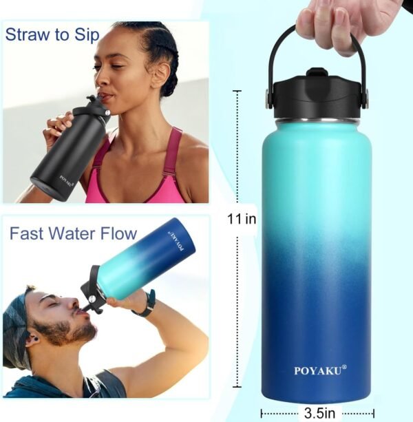 Water Bottle Insulated 32oz 40oz 64oz 128oz Straw Lid Spout Lid & 3 Lids, Leak Proof, Vacuum Insulated,Stainless Steel Water Bottle Wide Mouth for Sports, Gym or Office