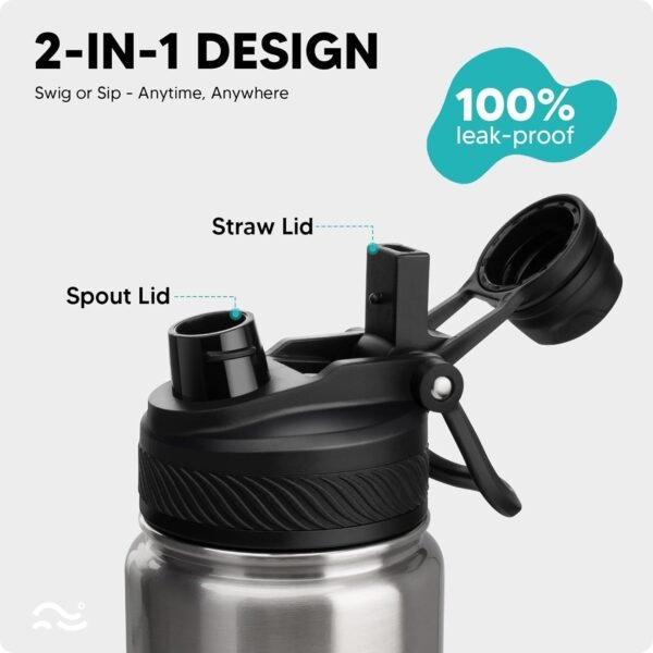 Swigina [2-IN-1 LID] Insulated Water Bottle with Silicone Boot (36hrs Cold/18hrs Hot) - DIY Stickers, Leakproof, BPA Free, 24 oz