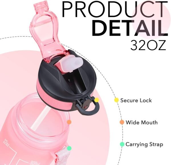 Hyeta 32 oz Water Bottles with Times to Drink and Straw, Motivational Water Bottle with Time Marker, Leakproof, Drinking Sports Water Bottle for Fitness, Gym and Outdoor