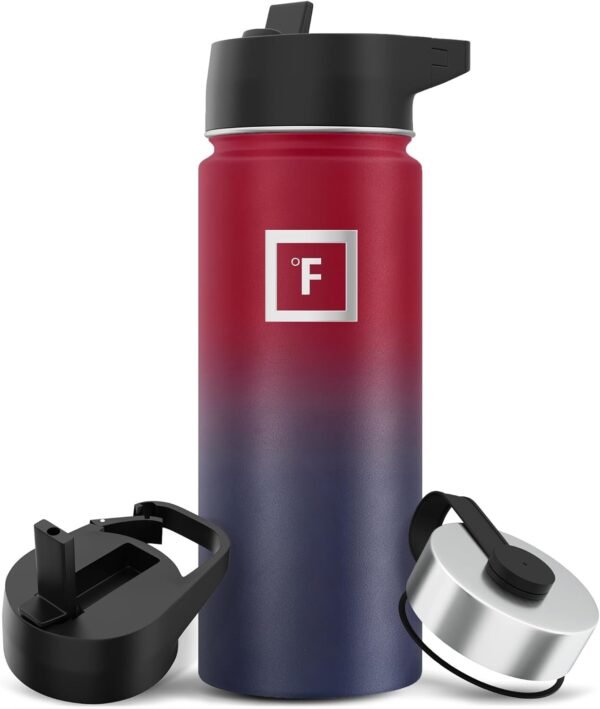 IRON °FLASK Camping & Hiking Hydration Flask with 3 Lids - Stainless Steel, Double Walled & Vacuum Insulated Water Bottle - Leak Proof & BPA Free (Midnight Black, Straw - 40 oz)