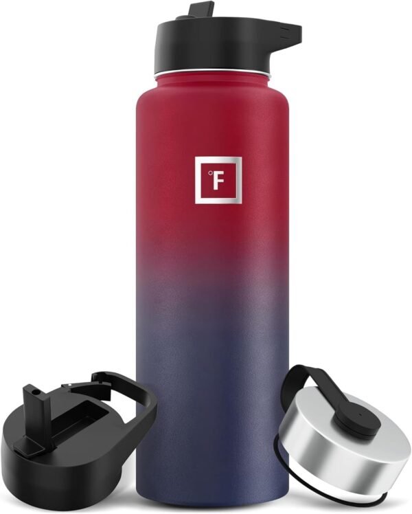IRON °FLASK Camping & Hiking Hydration Flask with 3 Lids - Stainless Steel, Double Walled & Vacuum Insulated Water Bottle - Leak Proof & BPA Free (Midnight Black, Straw - 40 oz)