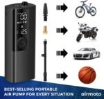 Airmoto Tire Inflator Portable Air Compressor - Air Pump For Car Tires with Digital Pressure Gauge, LED Light and Auto Shut-Off Function - Cordless Pump for Car, Motorcycle, Bicycle, Balls and More