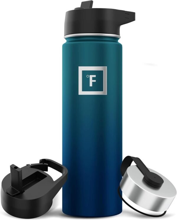 IRON °FLASK Camping & Hiking Hydration Flask with 3 Lids - Stainless Steel, Double Walled & Vacuum Insulated Water Bottle - Leak Proof & BPA Free (Midnight Black, Straw - 40 oz)