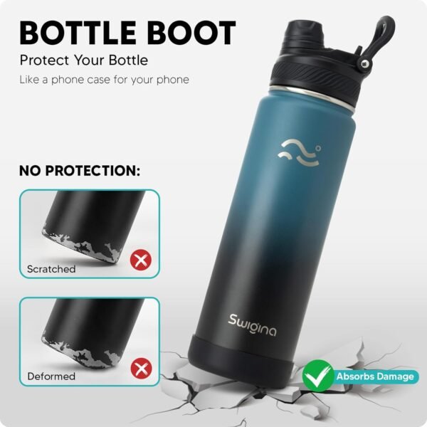 Swigina [2-IN-1 LID] Insulated Water Bottle with Silicone Boot (36hrs Cold/18hrs Hot) - DIY Stickers, Leakproof, BPA Free, 24 oz