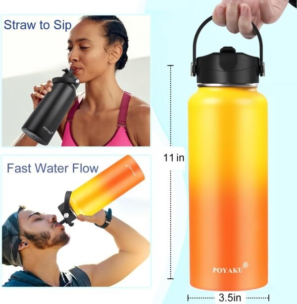 Water Bottle Insulated 32oz 40oz 64oz 128oz Straw Lid Spout Lid & 3 Lids, Leak Proof, Vacuum Insulated,Stainless Steel Water Bottle Wide Mouth for Sports, Gym or Office