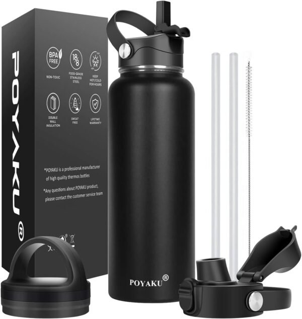Water Bottle Insulated 32oz 40oz 64oz 128oz Straw Lid Spout Lid & 3 Lids, Leak Proof, Vacuum Insulated,Stainless Steel Water Bottle Wide Mouth for Sports, Gym or Office