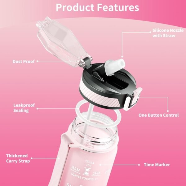 QLUR Water Bottle with Straw, 32oz Motivational Water Bottles with Time Marker to Drink, Tritan BPA Free, 1L Sports Water Bottle with Carry Strap LeakProof for Women Gym Fitness Outdoor (1 Pack)