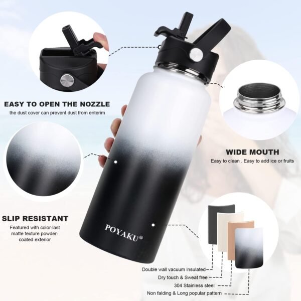 Water Bottle Insulated 32oz 40oz 64oz 128oz Straw Lid Spout Lid & 3 Lids, Leak Proof, Vacuum Insulated,Stainless Steel Water Bottle Wide Mouth for Sports, Gym or Office