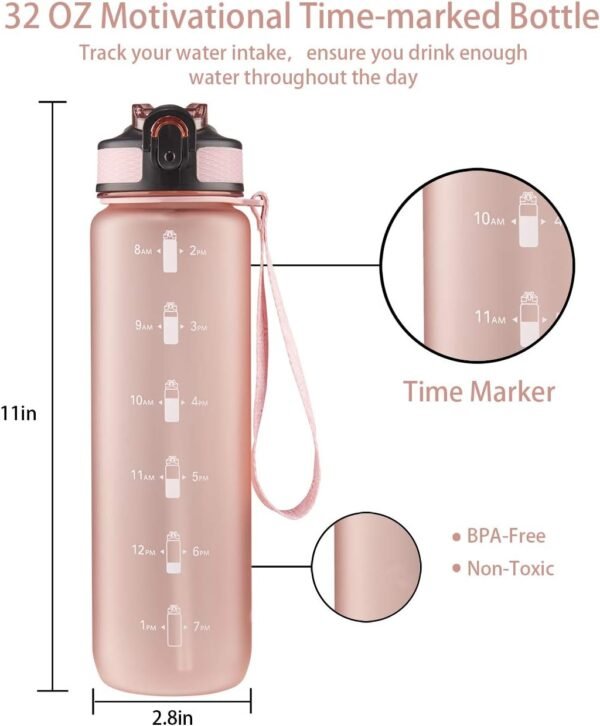 EYQ 32 oz Water Bottle with Time Marker, Carry Strap, Leak-Proof Tritan BPA-Free, Ensure You Drink Enough Water for Fitness, Gym, Camping, Outdoor Sports