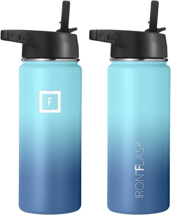 IRON °FLASK Camping & Hiking Hydration Flask with 3 Lids - Stainless Steel, Double Walled & Vacuum Insulated Water Bottle - Leak Proof & BPA Free (Midnight Black, Straw - 40 oz)